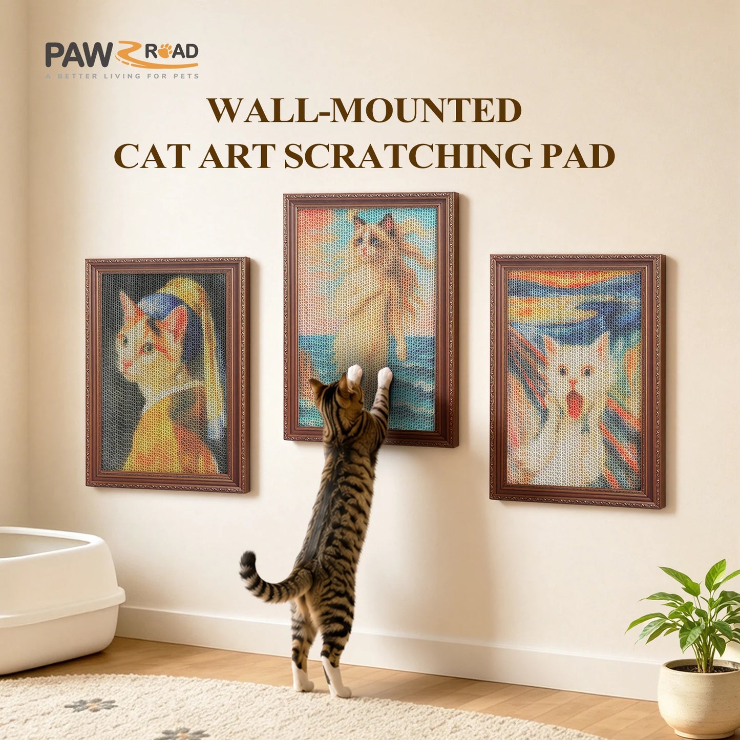 3 Pack Cardboard Cat Wall Scratcher Board, Art Wall Cat Scratcher with No-Drill Adhesive Strips, Water-Based Ink, Furniture Protector for Indoor Cats
