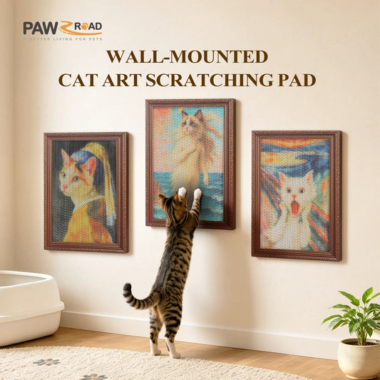 3 Pack Cardboard Cat Wall Scratcher Board, Art Wall Cat Scratcher with No-Drill Adhesive Strips, Water-Based Ink, Furniture Protector for Indoor Cats