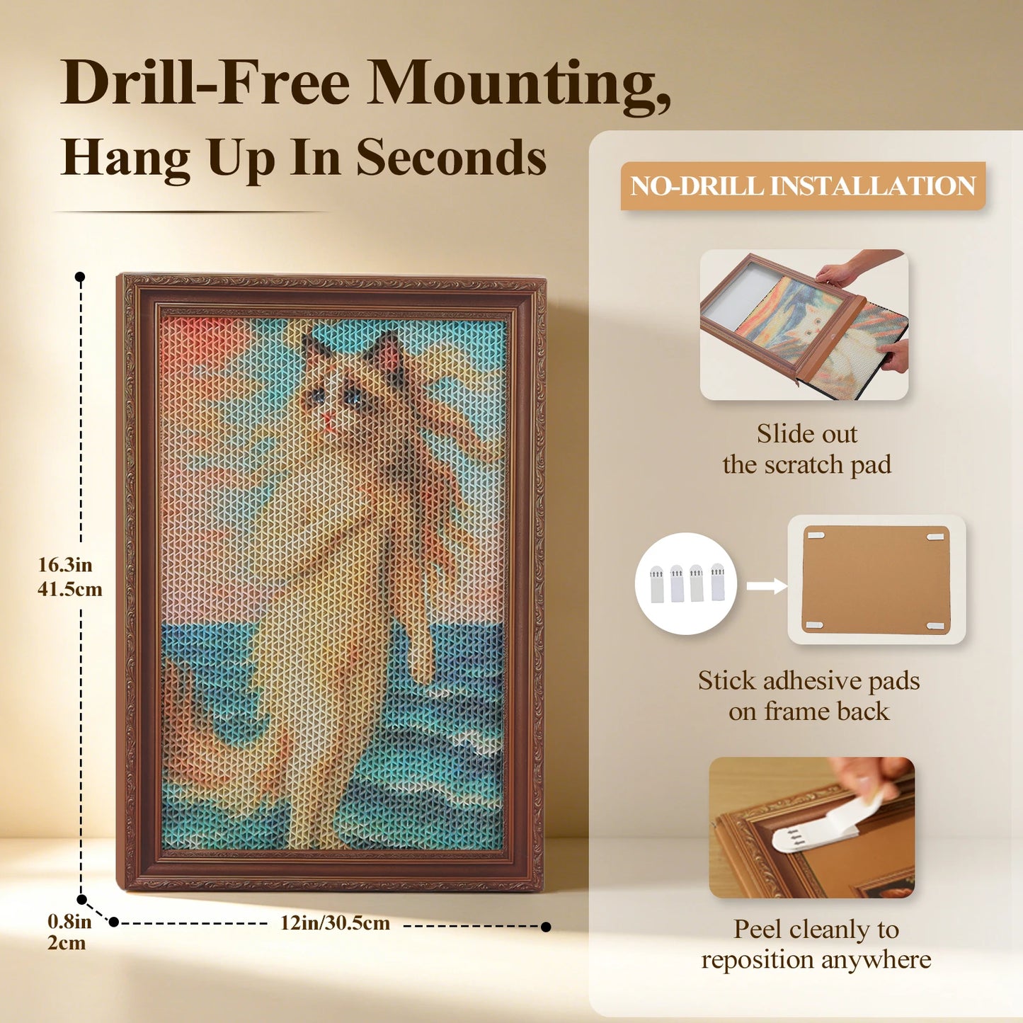 3 Pack Cardboard Cat Wall Scratcher Board, Art Wall Cat Scratcher with No-Drill Adhesive Strips, Water-Based Ink, Furniture Protector for Indoor Cats