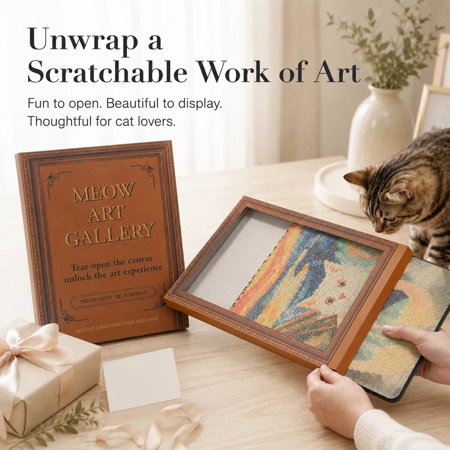 3 Pack Cardboard Cat Wall Scratcher Board, Art Wall Cat Scratcher with No-Drill Adhesive Strips, Water-Based Ink, Furniture Protector for Indoor Cats