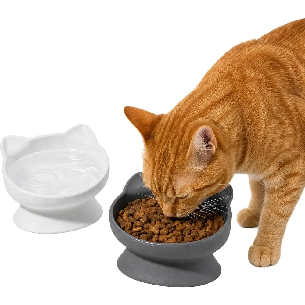 Elevated Cat Bowls Set of 2 Raised Cat Food and Water Dishes Whisker Friendly Pet Bowls Modern Pedestal Design Ceramic Style Feeder for Cats with Shallow Wide Dish to Prevent Whisker Stress Easy to Clean Dishwasher Safe