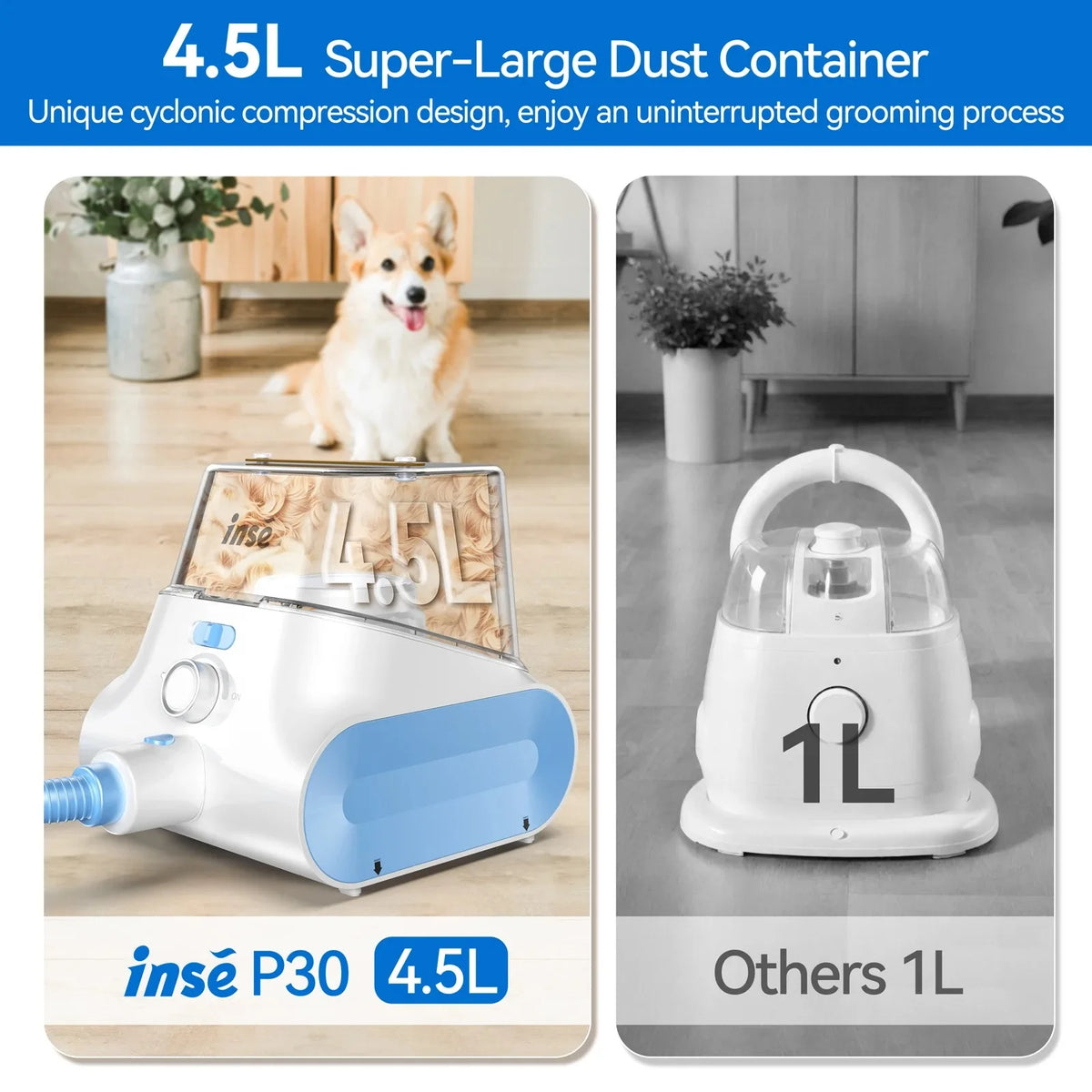INSE P30 Dog Grooming Vacuum Ultra-Low Noise Pet Grooming Kits with 4.5L Large Capacity Dust Box Pet Clipper for Pet Hair Clean