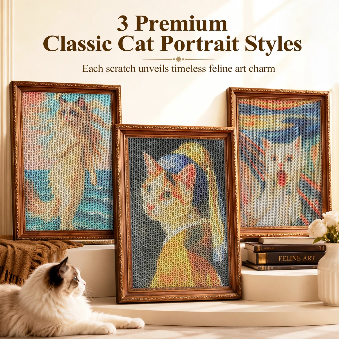 3 Pack Cardboard Cat Wall Scratcher Board, Art Wall Cat Scratcher with No-Drill Adhesive Strips, Water-Based Ink, Furniture Protector for Indoor Cats