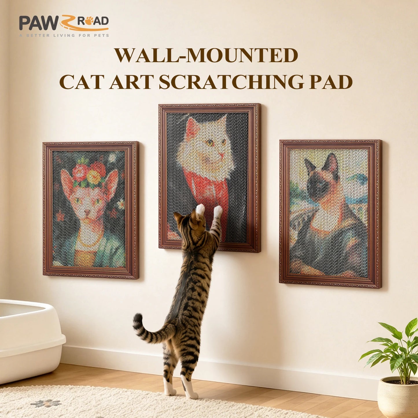 3 Pack Cardboard Cat Wall Scratcher Board, Art Wall Cat Scratcher with No-Drill Adhesive Strips, Water-Based Ink, Furniture Protector for Indoor Cats