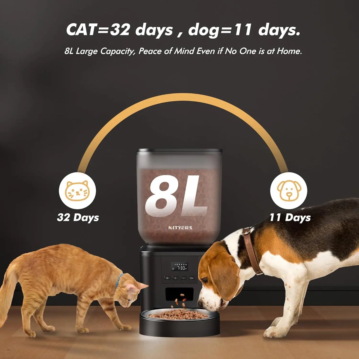 NITYERS 8L Automatic Dog Feeder, Smart Pet Food Dispenser with Key Control, Voice Recorder, Dual Power Supply, Timed Auto Cat Feeder with Stainless Steel Bowl