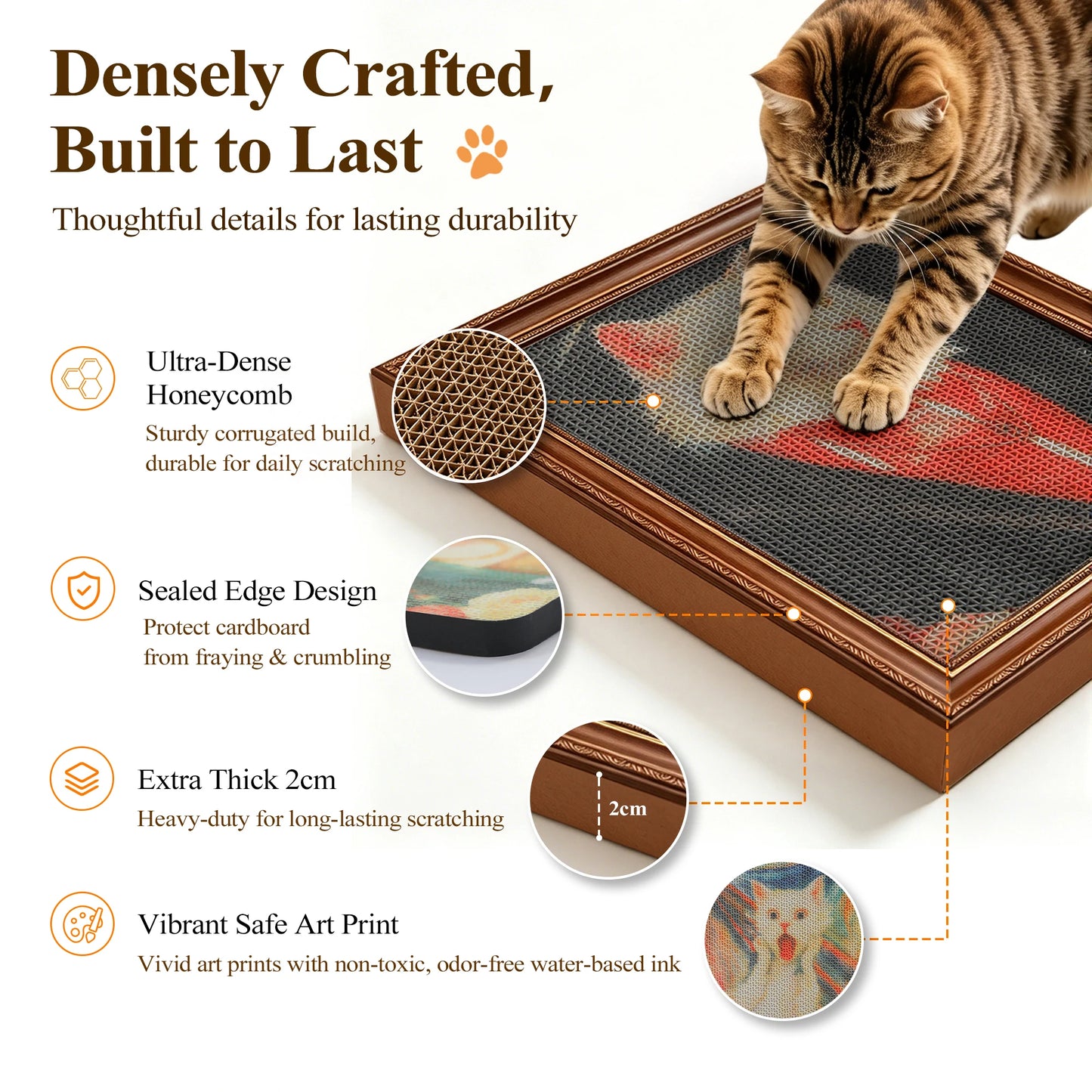 3 Pack Cardboard Cat Wall Scratcher Board, Art Wall Cat Scratcher with No-Drill Adhesive Strips, Water-Based Ink, Furniture Protector for Indoor Cats