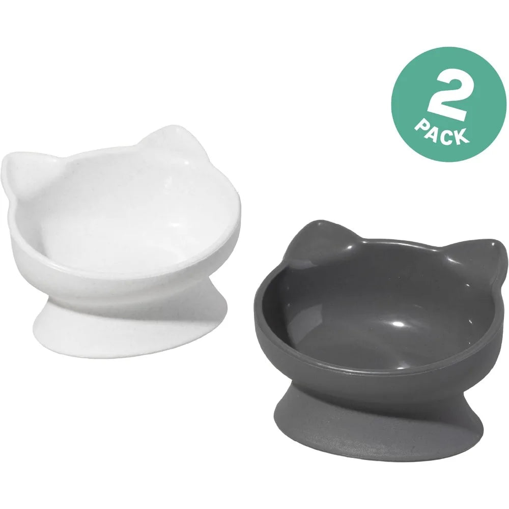 Elevated Cat Bowls Set of 2 Raised Cat Food and Water Dishes Whisker Friendly Pet Bowls Modern Pedestal Design Ceramic Style Feeder for Cats with Shallow Wide Dish to Prevent Whisker Stress Easy to Clean Dishwasher Safe