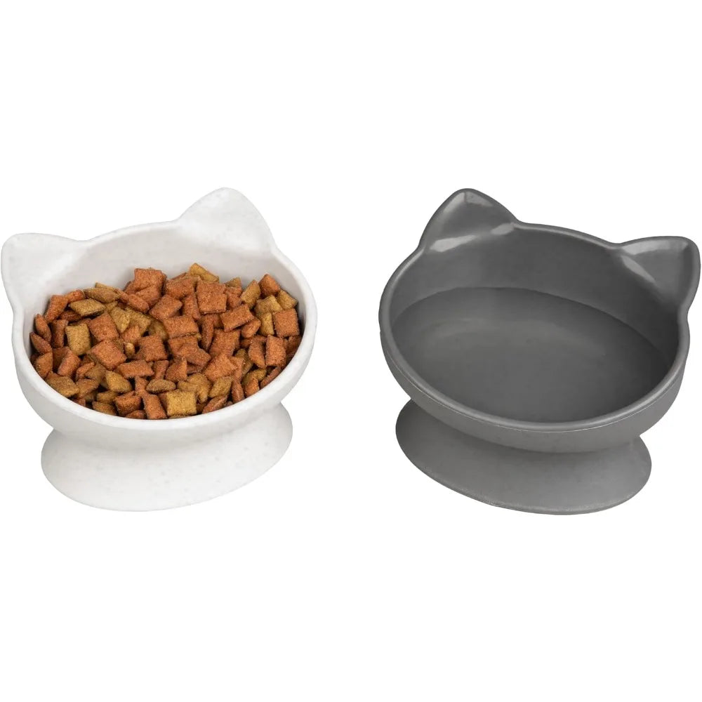 Elevated Cat Bowls Set of 2 Raised Cat Food and Water Dishes Whisker Friendly Pet Bowls Modern Pedestal Design Ceramic Style Feeder for Cats with Shallow Wide Dish to Prevent Whisker Stress Easy to Clean Dishwasher Safe