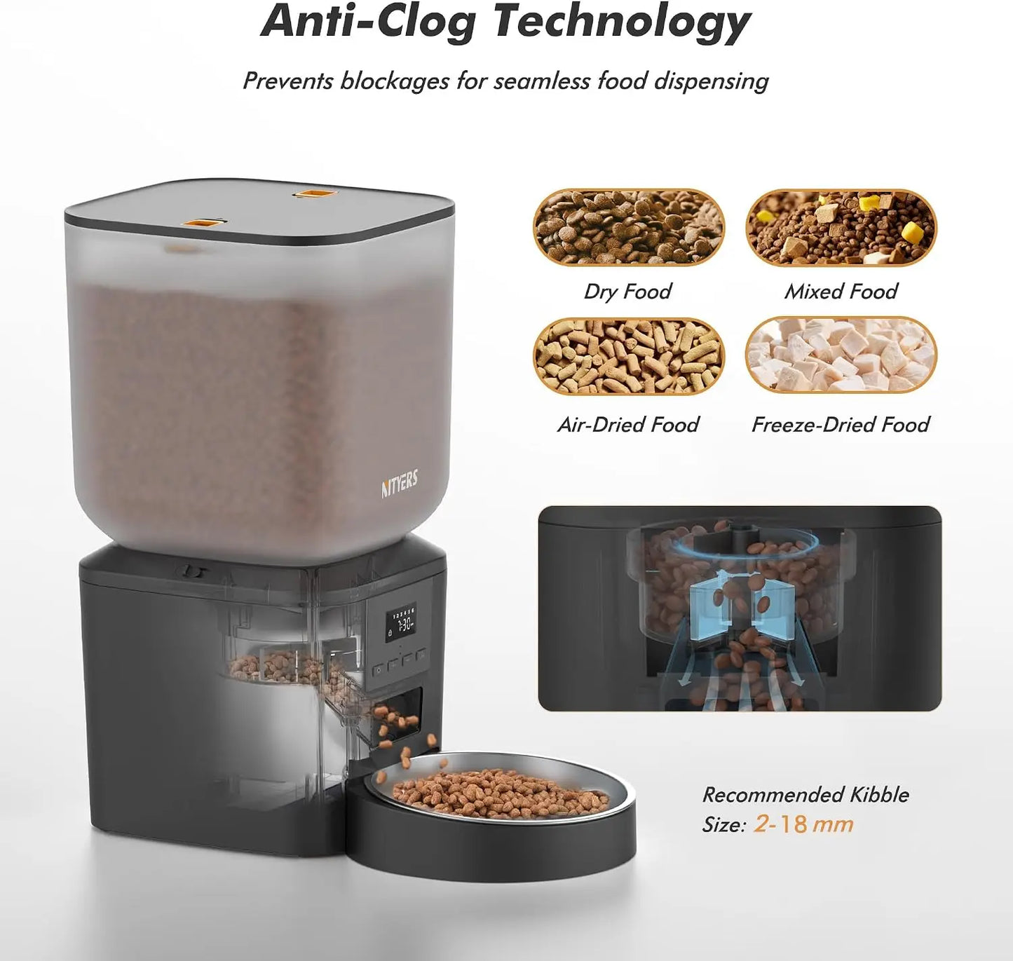 NITYERS 8L Automatic Dog Feeder, Smart Pet Food Dispenser with Key Control, Voice Recorder, Dual Power Supply, Timed Auto Cat Feeder with Stainless Steel Bowl